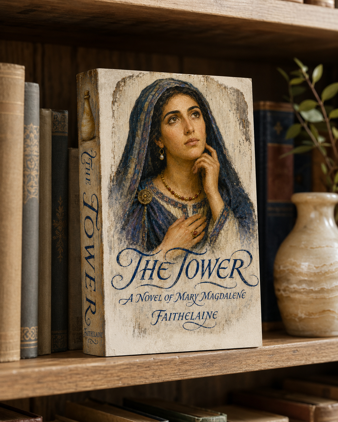 The Tower by Faith Elaine. A painted portrait of a woman in a deep blue veil, one hand at her collar, against a parchment ground.